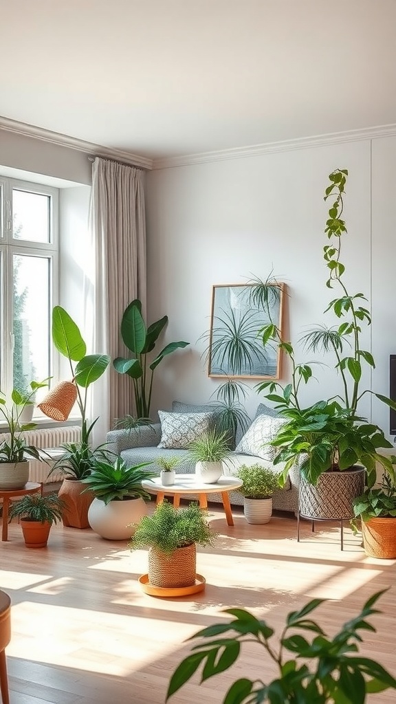 A bright living room filled with various indoor plants, creating a fresh and inviting atmosphere.