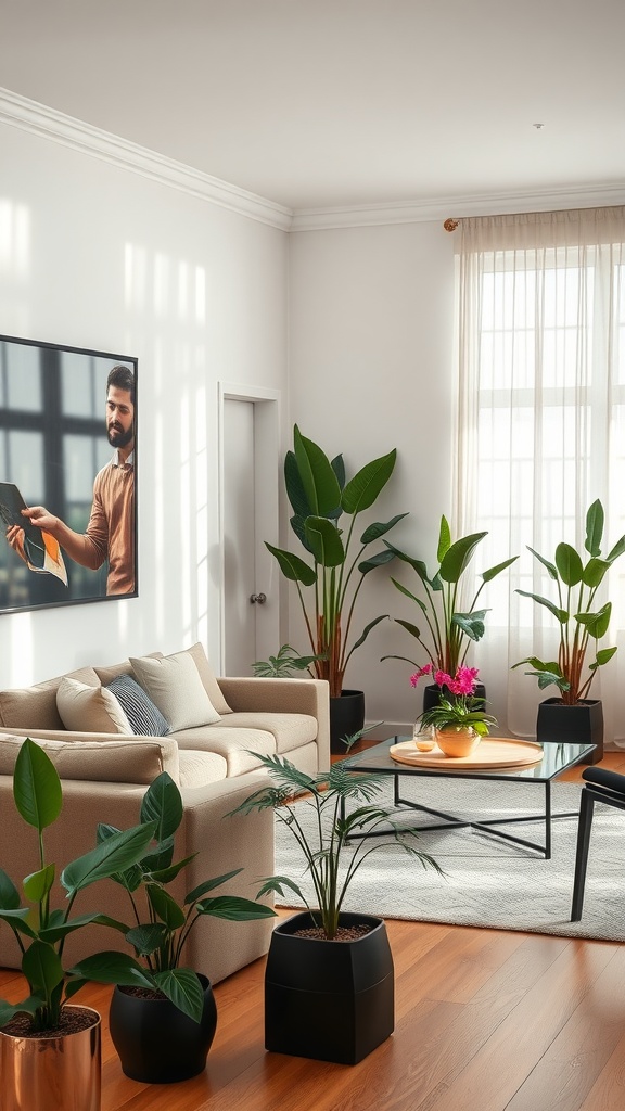 A stylish living room with beige furniture and various indoor plants enhancing the decor.