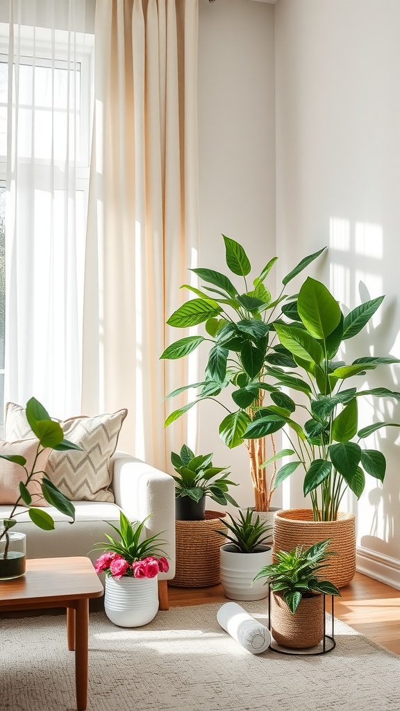 A bright living room featuring various indoor plants in cream and white decor.