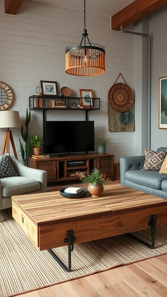 A cozy living room with an industrial-style coffee table, surrounded by plush sofas and decorative accents.