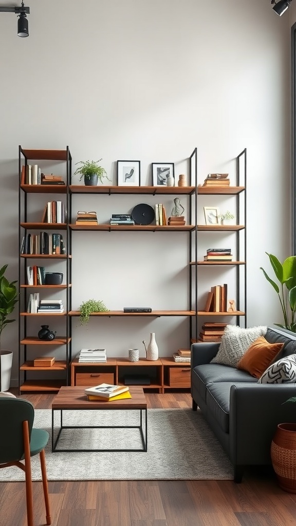 Industrial-style shelving unit with books and decorative items in a living room