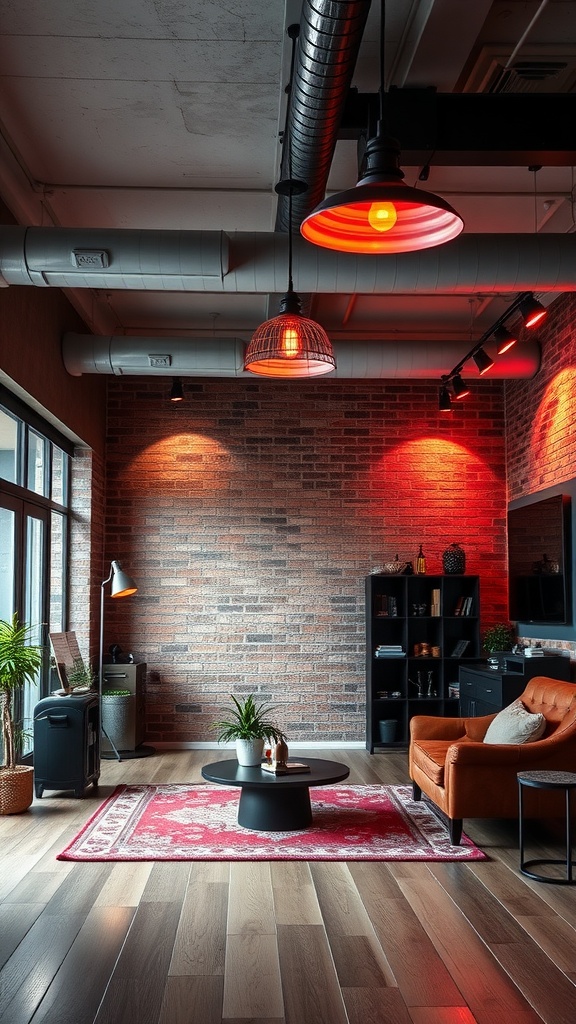 A stylish living room featuring industrial black and red lighting fixtures, with exposed brick walls and a cozy ambiance.