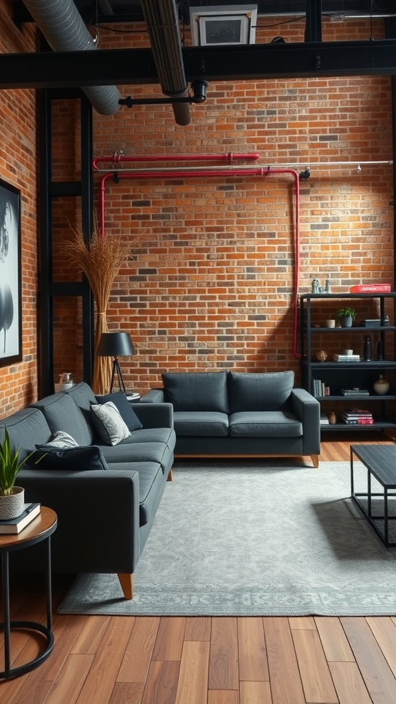 A stylish industrial living room featuring black and silver elements, with a cozy gray sofa, accent pillows, and a textured brick wall.