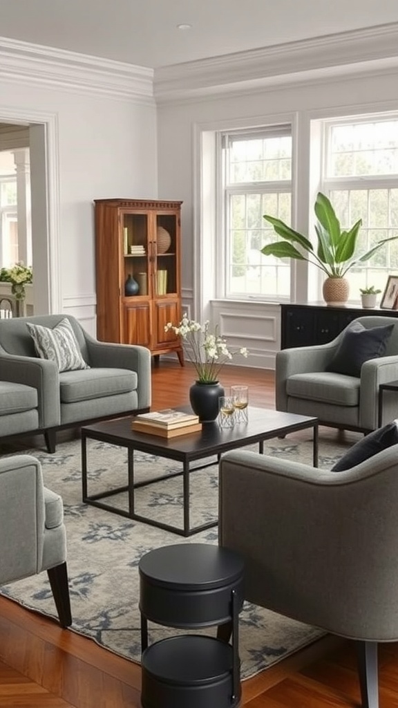 A living room featuring a black coffee table surrounded by gray chairs, with wooden furniture and plants.