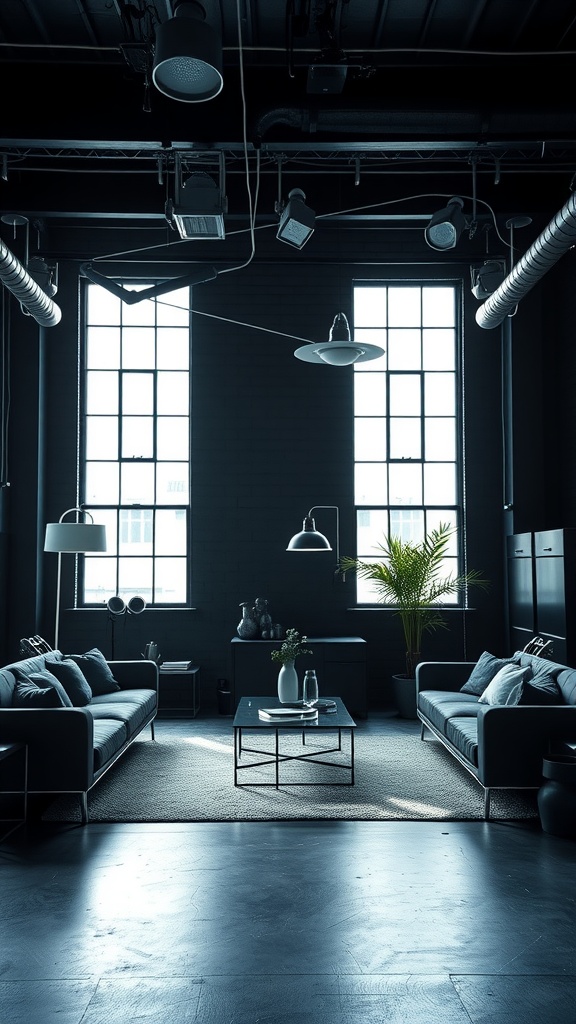 A modern living room featuring black metal elements, sleek furniture, and industrial lighting.