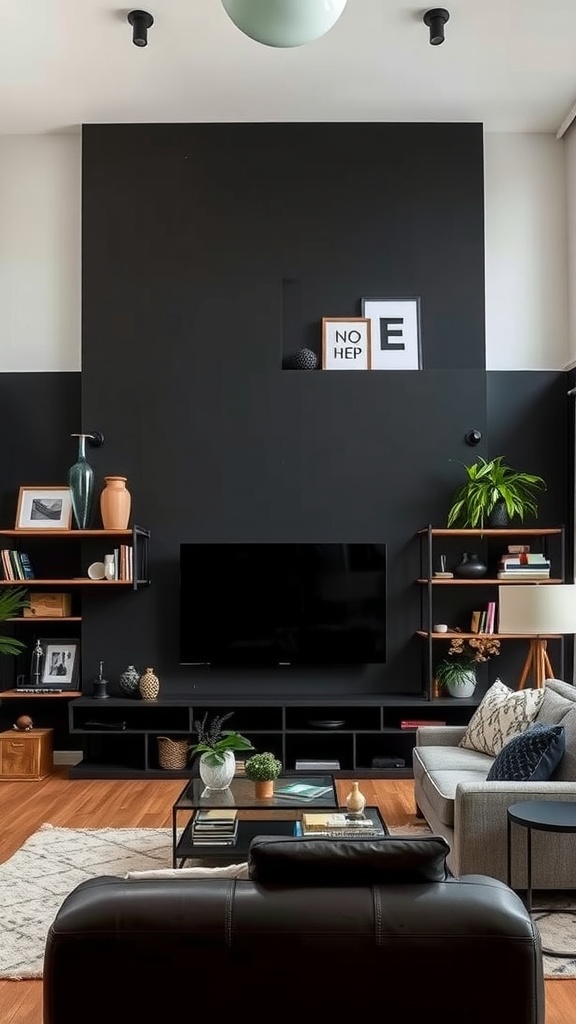 Living room featuring industrial black pipe shelves against a black accent wall, with a television and comfortable seating.