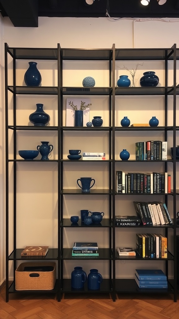 Industrial black shelving unit with blue decorative items and books