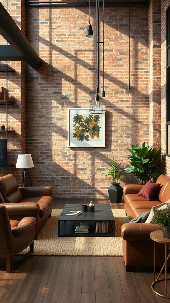 A cozy industrial loft living room featuring brown leather sofas, a brick wall, and modern decor.