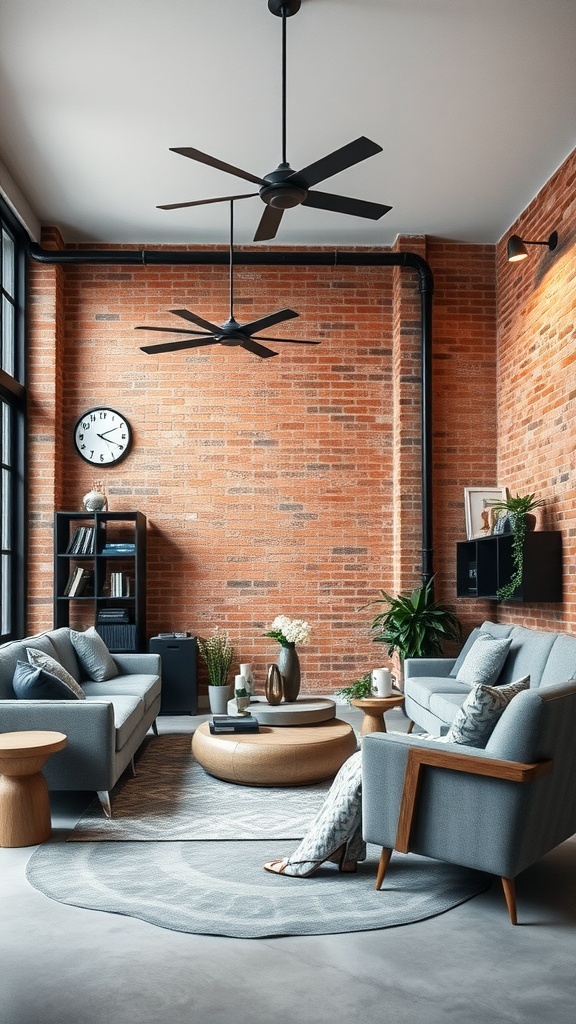 A stylish industrial chic living room featuring exposed brick walls, grey sofas, wooden elements, and plants.