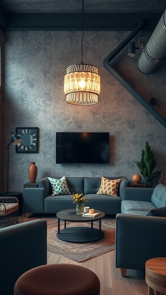 A cozy living room featuring industrial chic designs with textured walls, minimalist furniture, and warm lighting.