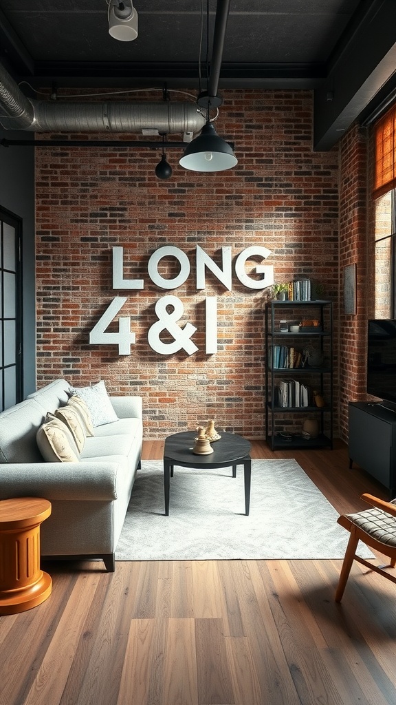 Cozy living room featuring an exposed brick wall, modern furniture, and industrial lighting.