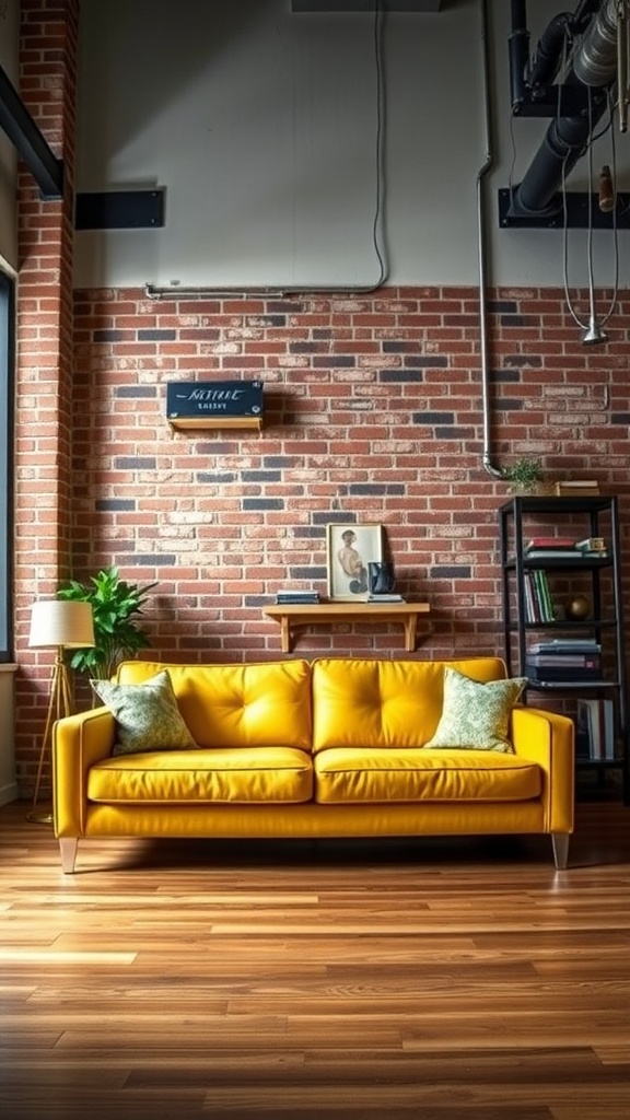 A cozy industrial chic living room featuring a yellow couch against exposed brick walls.