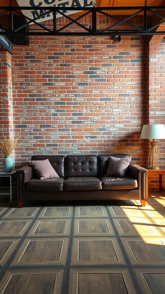 A cozy living room featuring a dark brown sofa against a brick wall, with wooden flooring and metal accents.