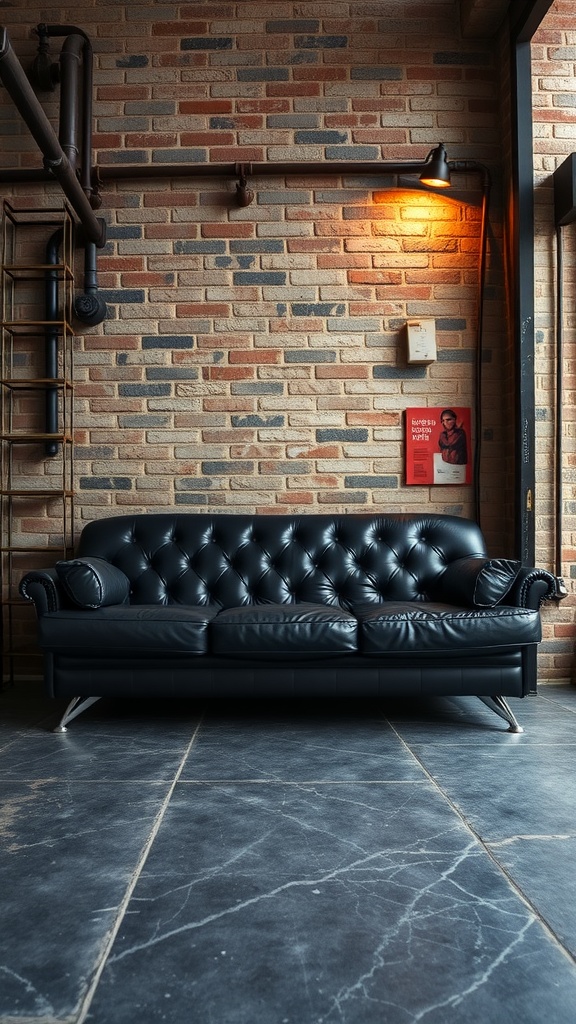 A black leather couch in an industrial chic living room with a brick wall and metal lighting.