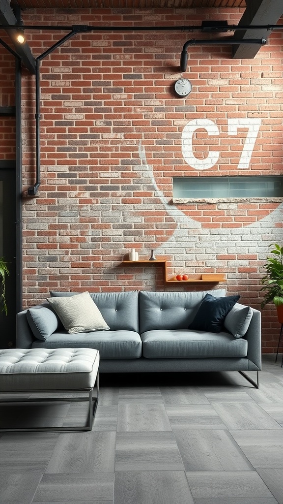 A stylish living room featuring a grey couch, exposed brick wall, and modern decor.