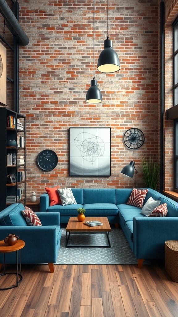 Cozy living room featuring a blue sofa, exposed brick wall, and industrial lighting