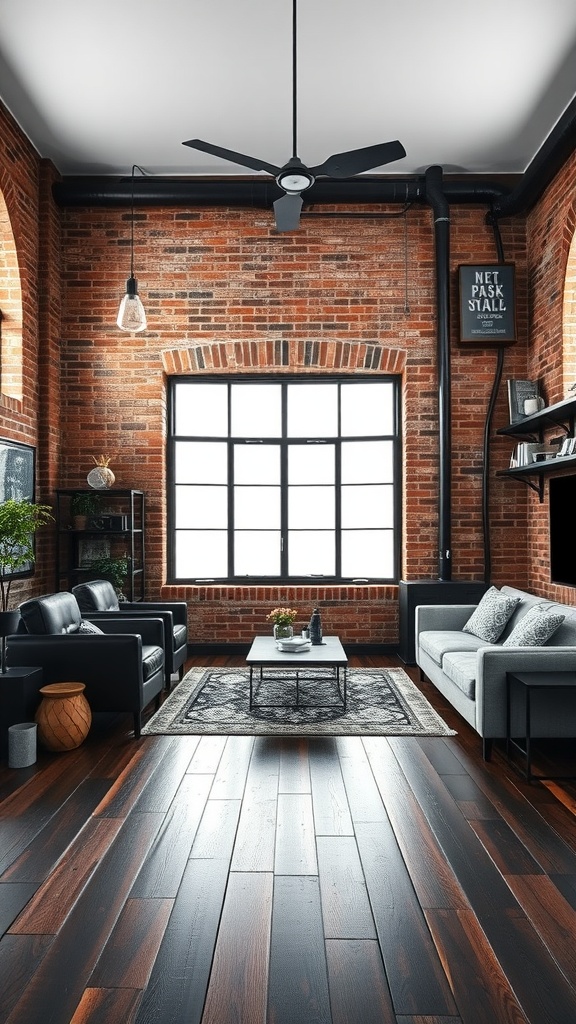 An industrial-style living room featuring dark wood floors, exposed brick walls, black furniture, and large windows.