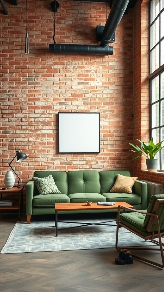 Living room featuring a green sofa, brick walls, and modern decor