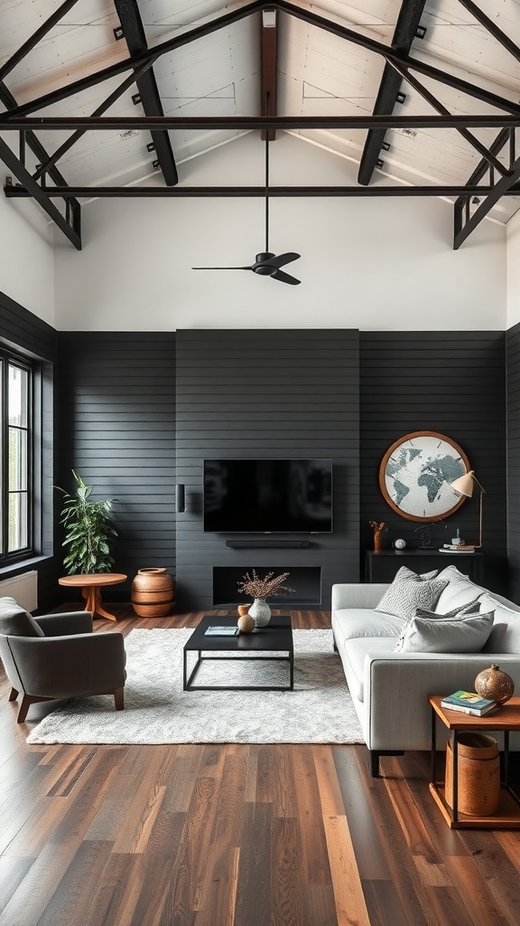 Living room with black shiplap walls, exposed beams, and industrial decor.