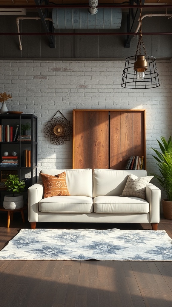 A cream couch in an industrial chic living room with metal accents, potted plants, and wooden elements.