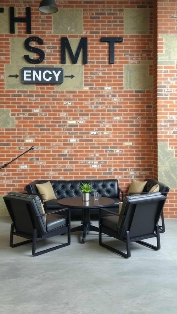 An industrial chic conversation pit featuring a black leather sofa and chairs around a central table, set against a brick wall.