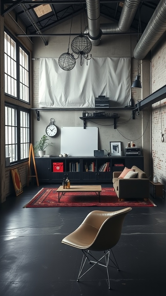 A spacious industrial-style living room featuring exposed brick walls, large windows, metal light fixtures, and cozy furniture.