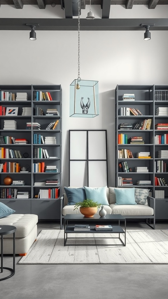 Living room with industrial gray bookshelves, modern couch, and stylish decor