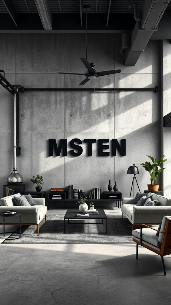 A modern industrial gray living room with concrete walls, black accents, and stylish furniture.