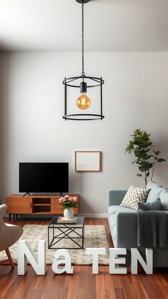 A stylish living room featuring an industrial pendant light, modern furniture, and urban decor.