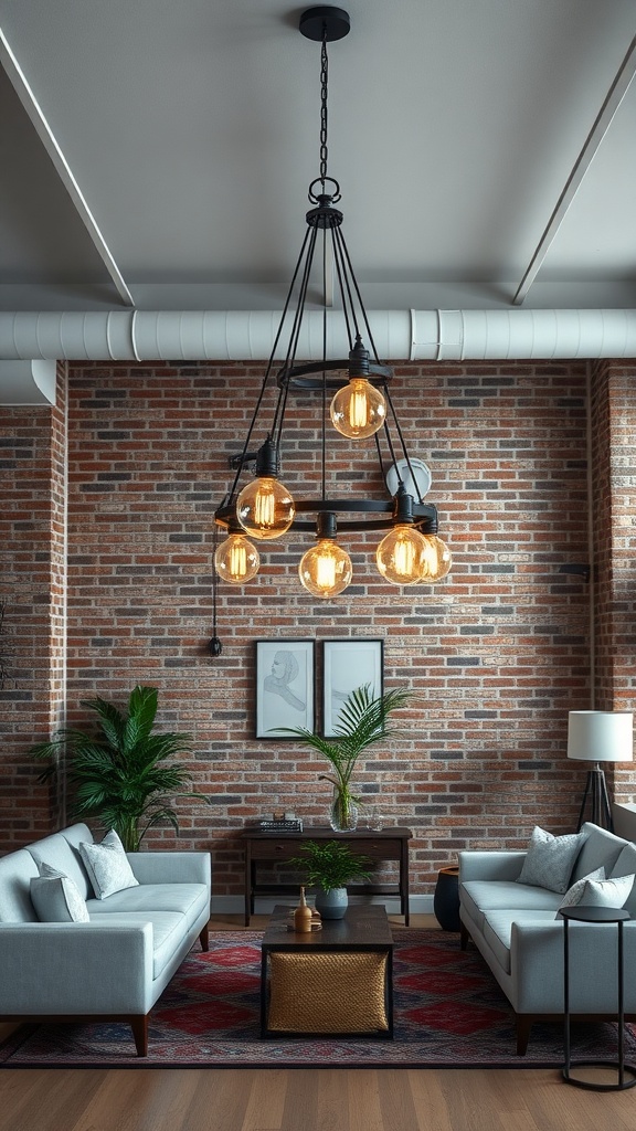 A living room featuring an industrial-style chandelier, exposed brick wall, and modern furniture.