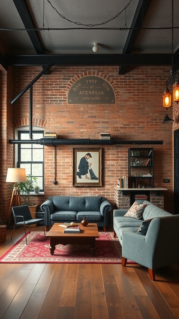 A cozy and stylish industrial-inspired living room featuring exposed brick walls, modern furniture, and warm lighting.