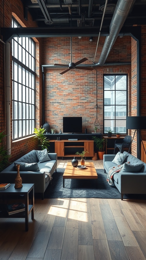 A stylish industrial loft living room featuring exposed brick walls, large windows, and modern furnishings.