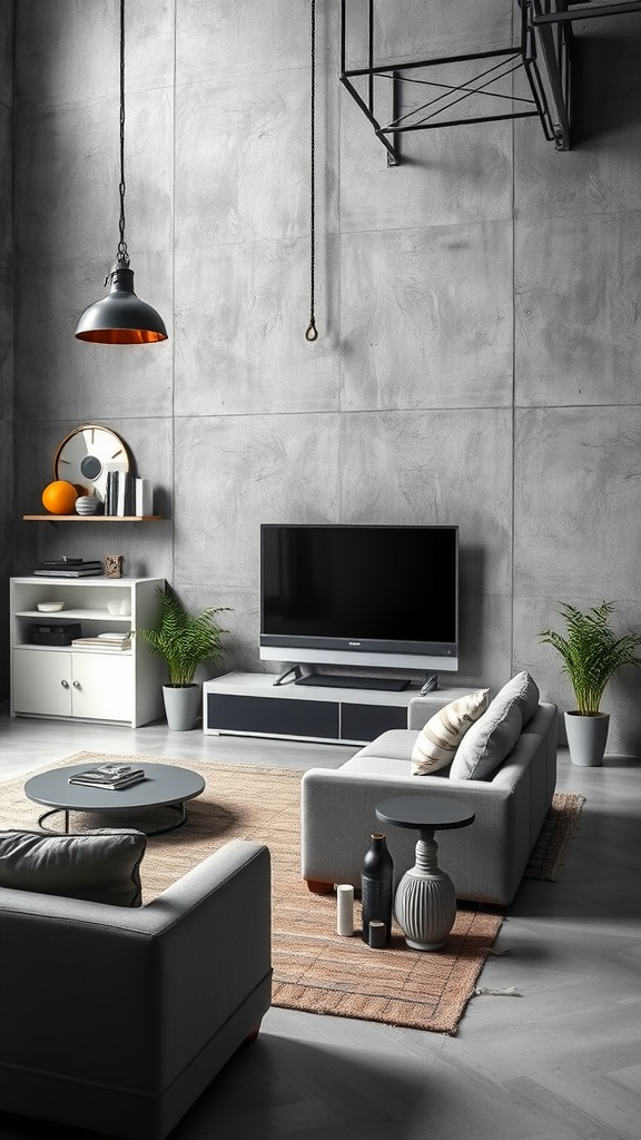 A modern industrial loft living room featuring grey concrete walls, stylish furniture, and warm accents.