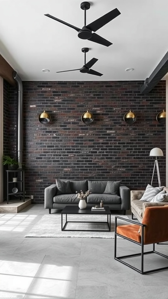 A living room featuring a brick accent wall, gray and orange furniture, and modern lighting.