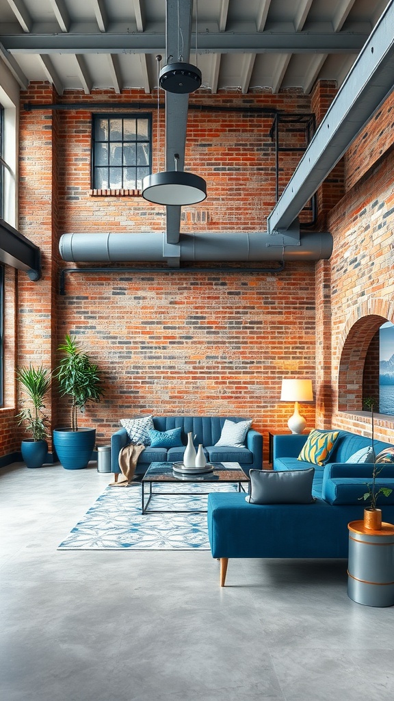 A stylish industrial loft featuring blue and gray elements, with exposed brick walls and modern furniture