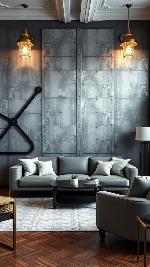 A cozy industrial-style living room featuring a metal accent wall, comfortable gray sofa, and warm lighting.