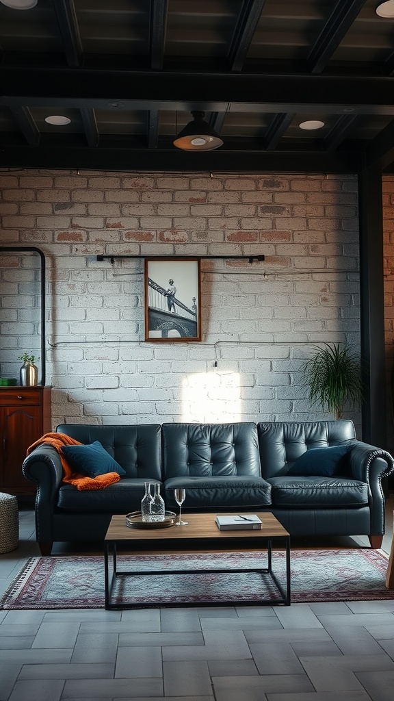 A stylish living room featuring a black leather couch, exposed brick walls, and industrial decor elements.