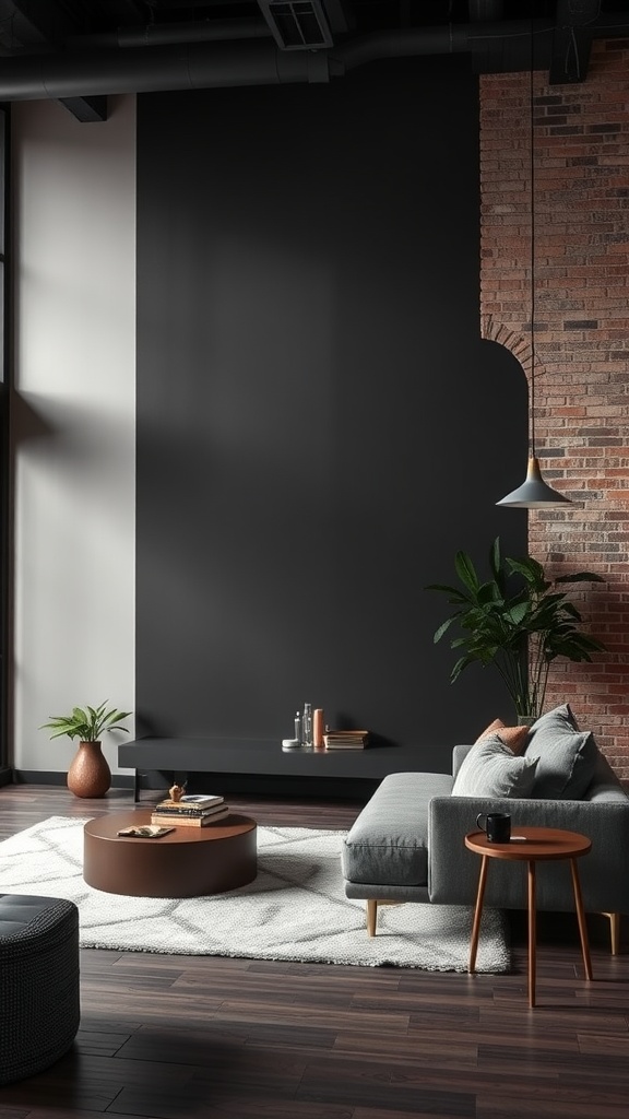 An industrial-style living room featuring an exposed brick wall and a black accent wall, with modern furniture and plants.