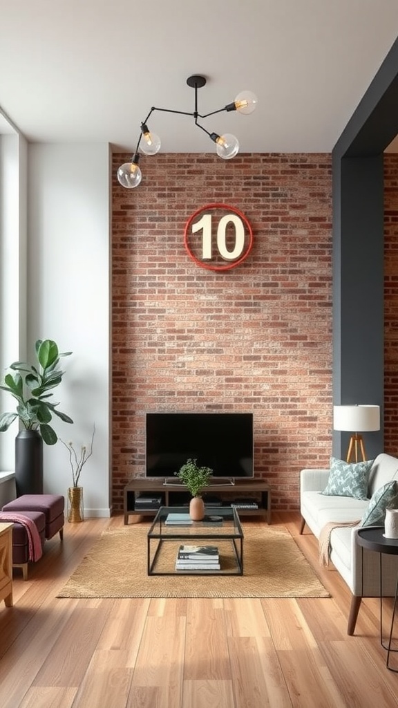 A living room with an industrial style featuring a brick wall, modern furniture, and stylish decor