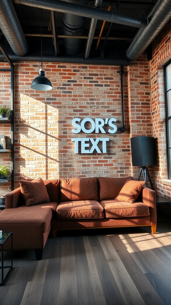 Cozy industrial living room with a brown sectional couch against a brick wall