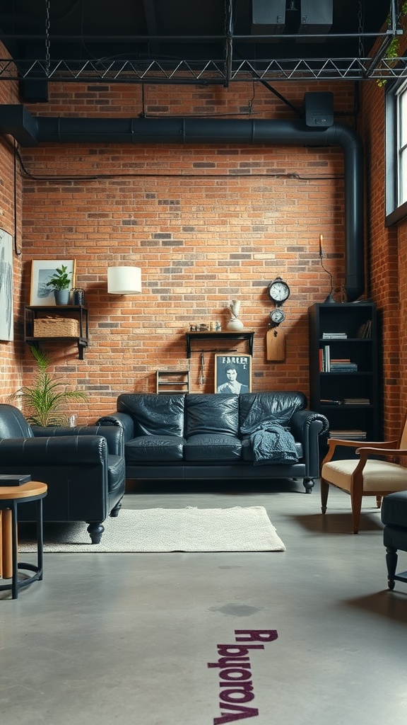 An industrial-style living room featuring a black leather sofa, exposed brick walls, and wooden furniture.