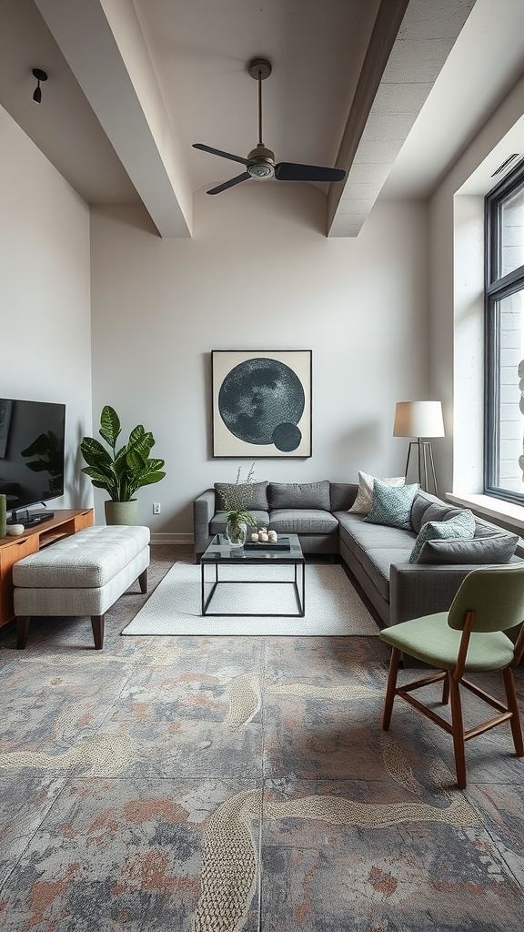 Living room with industrial style rug, modern furniture, and plants