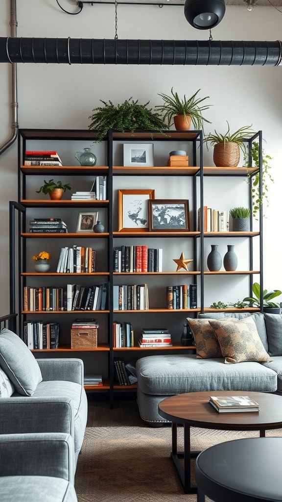 Industrial style bookshelf with plants and books in a modern living room