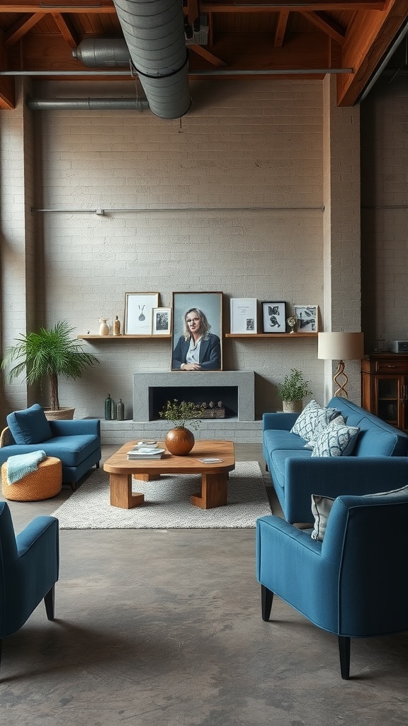 A modern industrial living room featuring blue upholstered furniture and brown wooden accents.