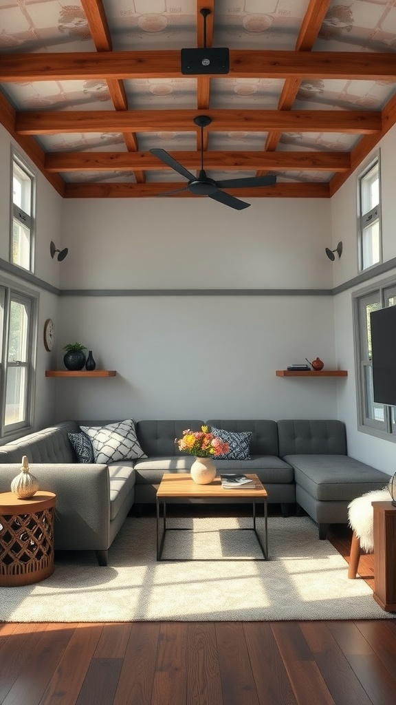 Cozy industrial-style living room with exposed wooden beams, gray sectional sofa, and natural light.