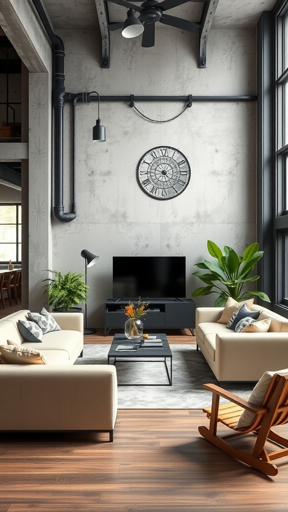 A stylish industrial living room featuring beige sofas, a grey wall, a black coffee table, plants, and large windows.