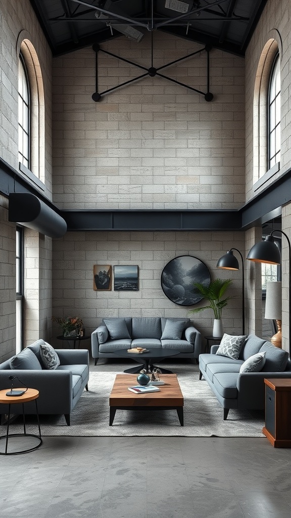 A sunken living room with industrial design elements, featuring stone walls, large windows, and metal fixtures.