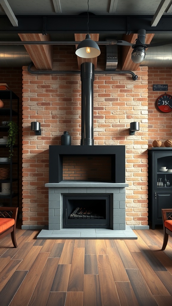 A modern black metal fireplace against a rustic brick wall, featuring a stone base and industrial design elements.