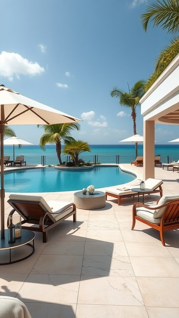 A beautiful infinity poolside area with sun loungers, umbrellas, and a stunning ocean view.