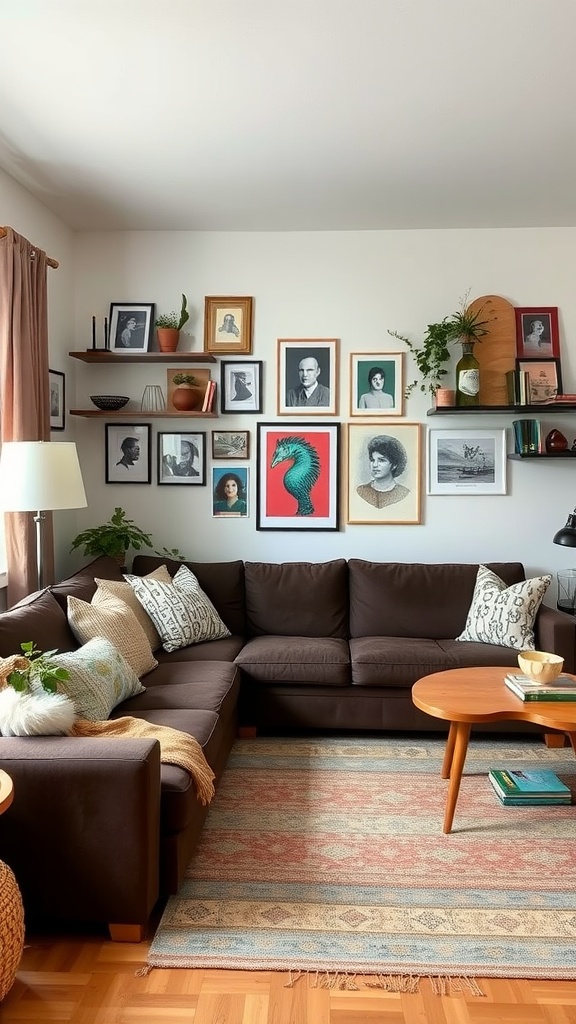 Cozy living room featuring a dark brown sofa, framed pictures on the wall, a wooden coffee table, and plants.